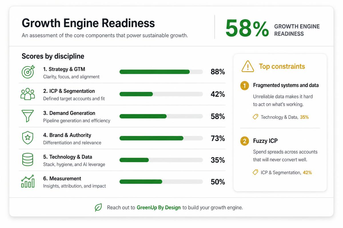 Sample Growth Engine Readiness report showing an overall score, discipline scores, and top constraints